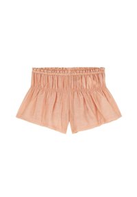 Pantalones cortos de color melocotón fabricados con un tejido ligero, con cintura elástica y detalles fruncidos a lo largo de la cintura y el dobladillo.
