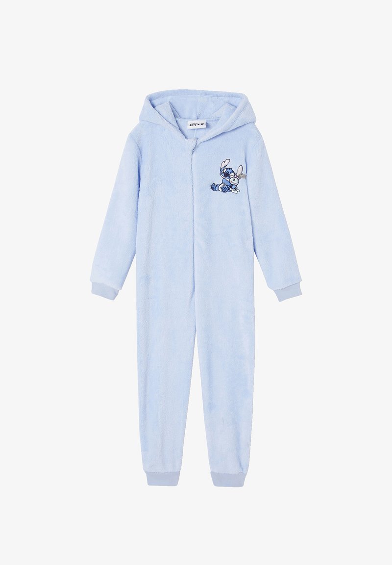 Hellblaues Fleecepulloveranzug mit langen Ärmeln und einem kleinen Cartooncharakter, der auf der linken Brust gestickt ist.