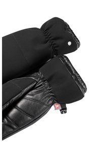 Schwarze Handschuhe mit einer Lederhandfläche und gepolstertem Design, Stoffbündchen und einem roten Etikett. Mit elastischem Bündchen am Handgelenk für eine enge Passform.