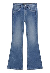Jeans din denim albastru evazați, cu embellismente din strasuri dispersate, cinci buzunare, bucle pentru curea și o închidere clasică cu buton.