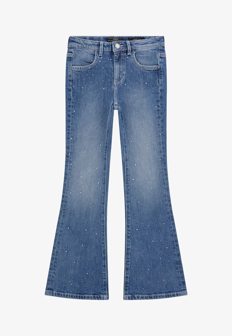 Jeans in denim blu a gamba svasata con decorazioni di strass sparse, cinque tasche, passanti per cintura e chiusura a bottone classica.