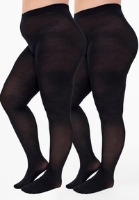 Sorte, uigennemsigtige leggings med en glat tekstur og elastisk talje, der viser en fuld længde og åben tå-design.