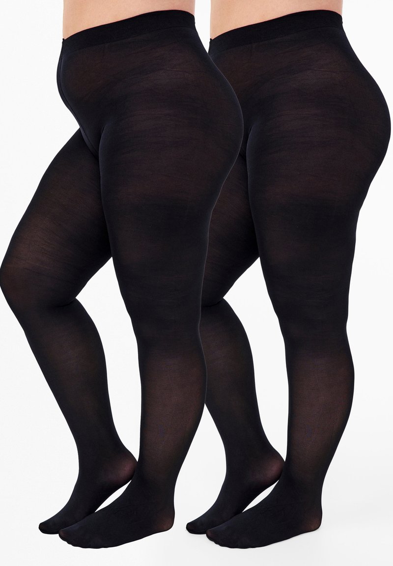 Sorte, uigennemsigtige leggings med en glat tekstur og elastisk talje, der viser en fuld længde og åben tå-design.