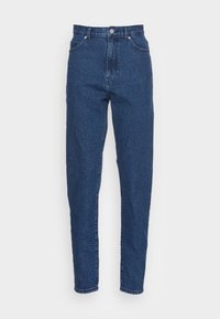 Džíny s vysokým pasem a rovnými nohavicemi v tmavě modrém denimu, se pěti kapsami, poutky na opasek a předním zapínáním na knoflík.