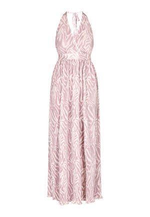 Dolga, rahla obleka v svetlo roza barvi z diskretnim zebra vzorcem. Ima ovratnik za halter, obliko zavijanja in nabran krilo iz teksturirane tkanine.