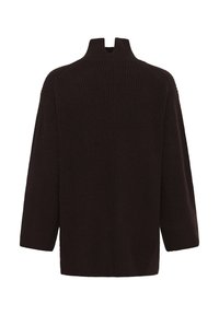 Pull en tricot noir avec un col montant, des épaules tombantes et des manches larges. Tissu texturé et coupe décontractée, conçu pour le confort.