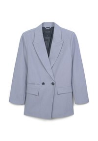 Blazer doppiopetto grigio chiaro da donna con rever a punta, due bottoni frontali e tasche a bavero, esposto su uno sfondo bianco.