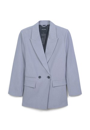 Helle graue Damen-Doppelreihensakko mit Revers, zwei vorderen Knöpfen und aufgesetzten Taschen, vor einem weißen Hintergrund präsentiert.