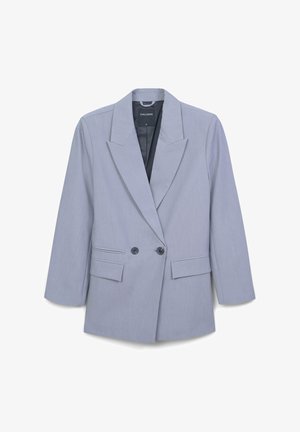 Helle graue Damen-Doppelreihensakko mit Revers, zwei vorderen Knöpfen und aufgesetzten Taschen, vor einem weißen Hintergrund präsentiert.