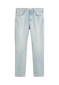 Jeans de pierna recta de un azul claro, con cinco bolsillos, cierre de botón y un ligero desvanecimiento en la parte superior del muslo y las rodillas.