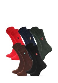 Sześć par skarpetek w różnych kolorach: czerwonym, brązowym, granatowym, ciemnozielonym i czarnym, z małymi haftowanymi wzorami na każdej parze.