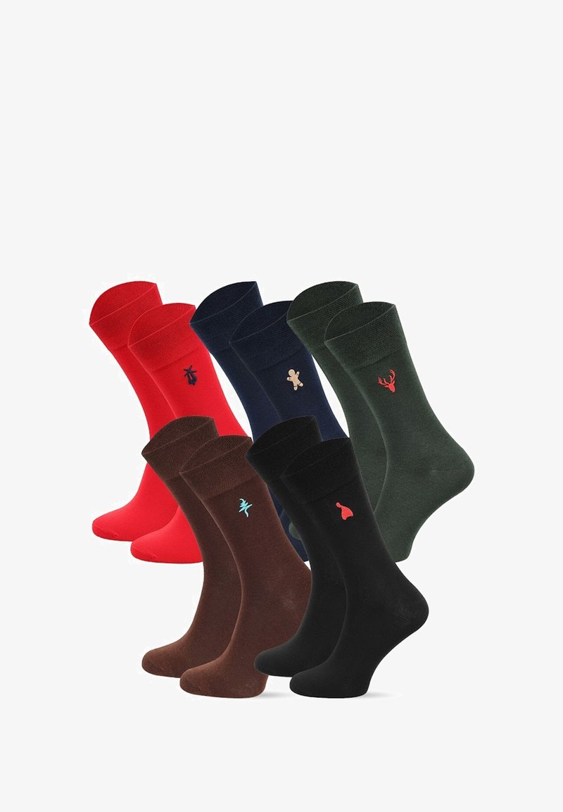 Sześć par skarpetek w różnych kolorach: czerwonym, brązowym, granatowym, ciemnozielonym i czarnym, z małymi haftowanymi wzorami na każdej parze.