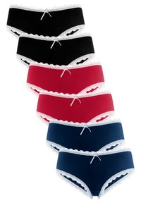 Set of five women's panties in black, red, and navy. Soft fabric with scalloped lace trim and a central bow detail at the waist.