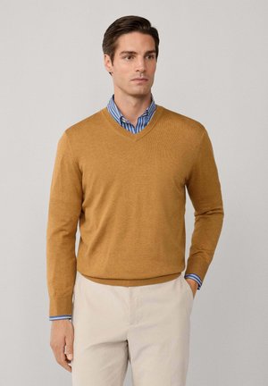 Mężczyzna w musztardowym swetrze V-neck na niebieskiej, w paski koszuli, w beżowych spodniach, stojący z jedną ręką w kieszeni na jednolitym tle.