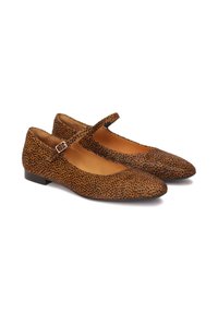Ballet flats marron et noirs à pois, avec un bout pointu, une sangle ajustable, un petit talon et un intérieur lisse. Fabriqués en matériau texturé.