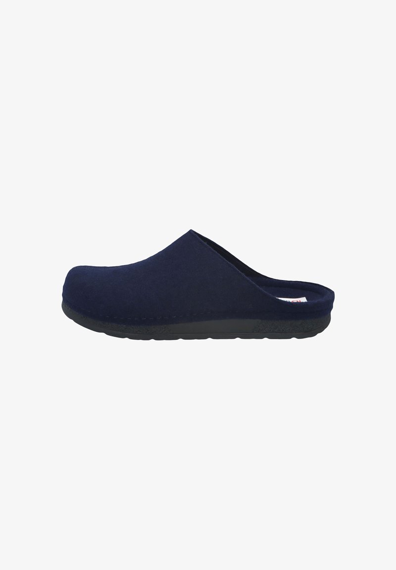 Navy blue felt slip-on clog with a rounded toe, textured black rubber sole, smooth upper, and no visible hardware or embellishments.