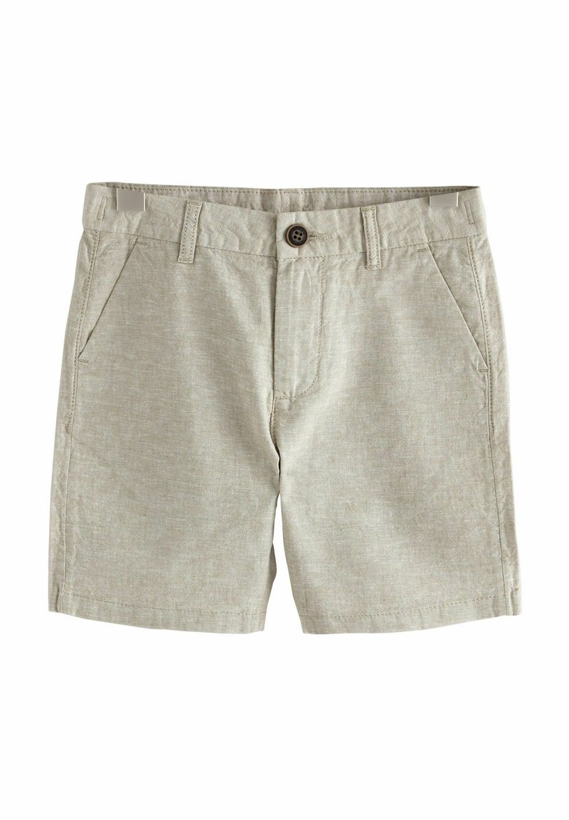 Shorts en lin gris clair avec deux poches latérales, fermeture à bouton et un motif texturé subtil. Longueur mi-cuisse avec ourlet replié.