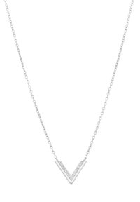 Zilveren V-vormige ketting met een delicate schakel, voorzien van een rij kleine heldere stenen langs de voorkant, met een gepolijste afwerking.