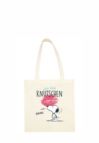 Borsa in cotone color beige chiaro con un grafico di un cane dei cartoni animati, un segno di rossetto rosa e la scritta: "Lass dich KNUTSCHEN" in nero e aqua.