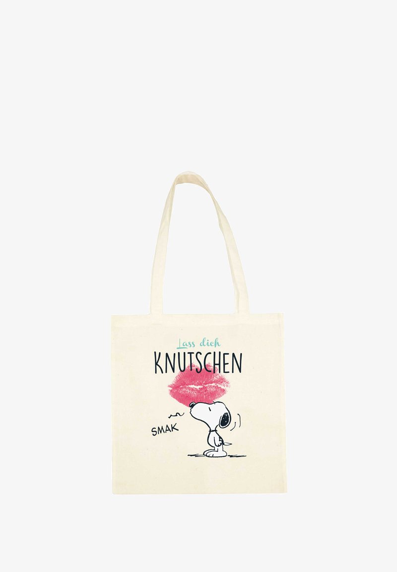 Borsa in cotone color beige chiaro con un grafico di un cane dei cartoni animati, un segno di rossetto rosa e la scritta: "Lass dich KNUTSCHEN" in nero e aqua.