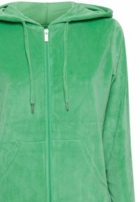 Samtgrüne Zip-Hoodie mit Kordelzugkapuze, Fronttaschen und silbernen Reißverschlussakzenten. Weicher Stoff, lange Ärmel.