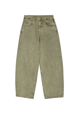 Jean large vert olive en denim, avec deux poches avant et une fermeture à bouton. Tissu texturé avec une finition douce.