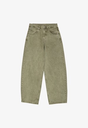 Olive zielone dżinsy o szerokich nogawkach, wykonane z denimu, z dwoma przednimi kieszeniami i zapięciem na guzik. Teksturowana tkanina o miękkim wykończeniu.