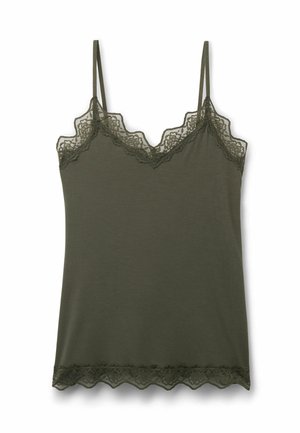 Oliën groene cami met verstelbare, dunne bandjes, voorzien van een verfijnde kanten rand langs de halslijn en zoom voor extra textuur en detail.