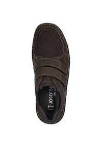 Brown suede shoe featuring two adjustable straps, contrasting stitching, and a textured insole. Extra wide fit design.