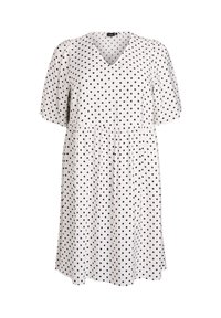 Valge kleit mustade täppidega, V-kaelus, lühikesed puffkäised, kitsas talje ja lõtv, voolav seelikuosa. Pehme kangatextuur.