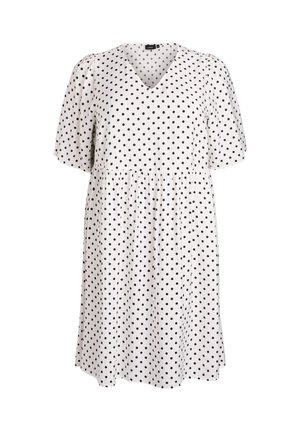 Abito bianco con pois neri, scollo a V, maniche corte a puff, vita cintra e gonna larga e fluida. Tessuto morbido.