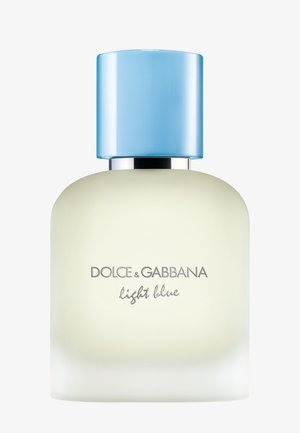 Flacon de parfum Dolce & Gabbana Light Blue en verre givré avec un bouchon bleu clair sur fond blanc.
