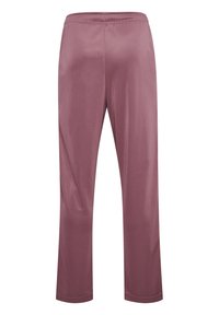 Pantalon droit en satin mauve pour femme, taille élastiquée, sans poches visibles ni décorations.
