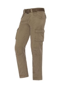 Beige Cargo-Hosen aus strapazierfähigem Stoff, mit mehreren Seitentaschen, einem angepassten Gürtel und genähten Details. Gerade Beinform.