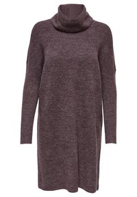 Robe-pull en tricot violet avec un col drapé, des manches longues et une coupe ample. Fabriquée dans un tissu doux et texturé avec une apparence chaleureuse.