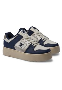 DC Schuhe in einem navy-blauen und cremefarbenen Farbschema, aus strukturiertem Leder mit einem gepolsterten Kragen und einer dicken Gummisohle.