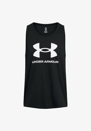 Mustat hihattomat toppi, joka on valmistettu pehmeästä kankaasta. Siinä on huomattava valkoinen Under Armour -logo ja pyöreä kaula-aukko.
