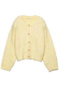 Gelber, weicher Strickcardigan mit rundem Ausschnitt, Knopfverschluss und langen Ärmeln. Leicht, mit einer leicht cropped Passform und strukturiertem Stoff.