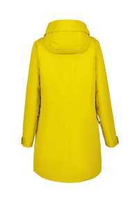 Cappotto impermeabile giallo con cappuccio, taglio dritto e maniche regolabili. Tessuto liscio senza motivi o accessori visibili.