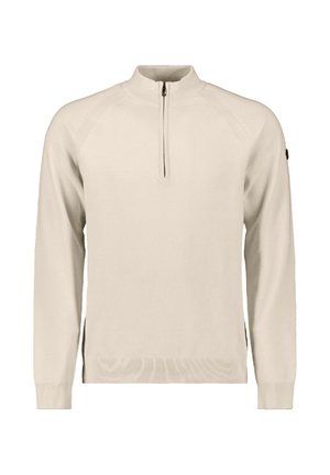 Lichtbeige pullover met hoge kraag, halve ritssluiting aan de voorkant, lange mouwen en geribde manchetten. Glenen textuur en zijsplitten aan de onderrand.