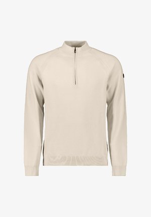 Lichtbeige pullover met hoge kraag, halve ritssluiting aan de voorkant, lange mouwen en geribde manchetten. Glenen textuur en zijsplitten aan de onderrand.