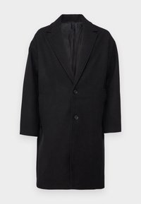 Schwarzer Wollmischmantel mit Reverskragen, einreihiger Knopfverschluss und zwei Vordertaschen. Verfügt über ein glattes Futter und eine legere Passform.