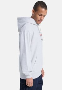Sudadera con capucha gris, hecha de un tejido suave, que presenta un bolsillo frontal, cordones ajustables y un pequeño logo rojo en el pecho.