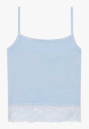 Blue tank top made of soft fabric with thin straps, featuring a white lace trim at the bottom. Simple, classic design without additional accents.