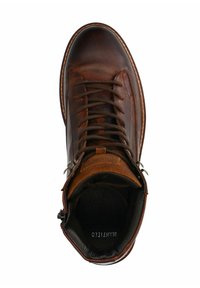 Bottine en cuir marron avec bout rond, design à lacets, col contrastant couleur tan et doublure texturée. Présente une fermeture éclair en métal et un logo à l'intérieur.