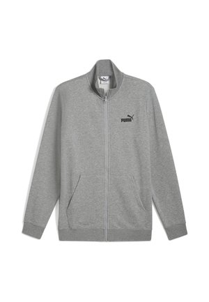 Gray zip-up jacket made of soft fabric. Features a high collar, two front pockets, and a black Puma logo on the left chest.
