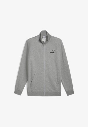 Grijze zip-up jas van zachte stof. Bevat een hoge kraag, twee voorkantzakken en een zwart Puma-logo op de linkerkant van de borst.