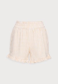 Pantalones cortos de cuadros en amarillo y blanco, confeccionados con tejido ligero, presentan un dobladillo con volantes y una cintura elástica.