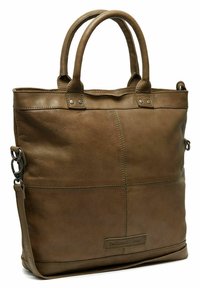 Borsa a spalla in pelle marrone con doppi manici, tracolla removibile e dettagli di cucitura visibili su uno sfondo neutro.