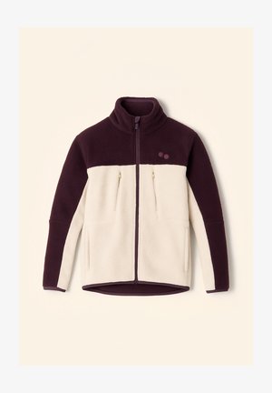 Fleecejacke mit hohem Kragen. Dunkelvioletter Oberteil- und cremefarbener Unterteilbereich. Verfügt über goldene Reißverschlusstaschen und ein kleines Logodetail.